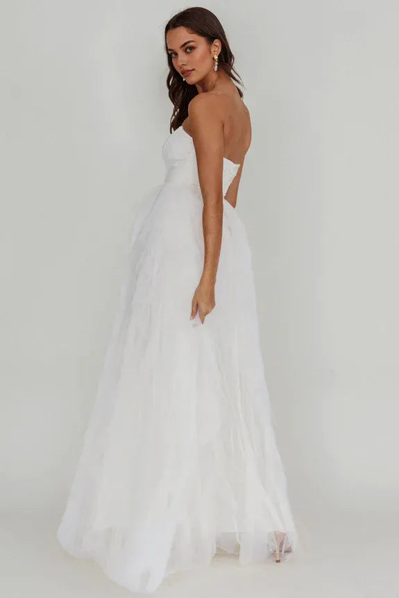 Elegant Strapless Bodycon Tulle Cascade White Maxi Evening Dress Prom Dress