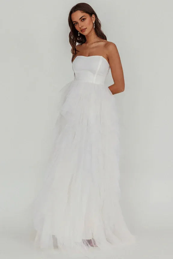 Elegant Strapless Bodycon Tulle Cascade White Maxi Evening Dress Prom Dress