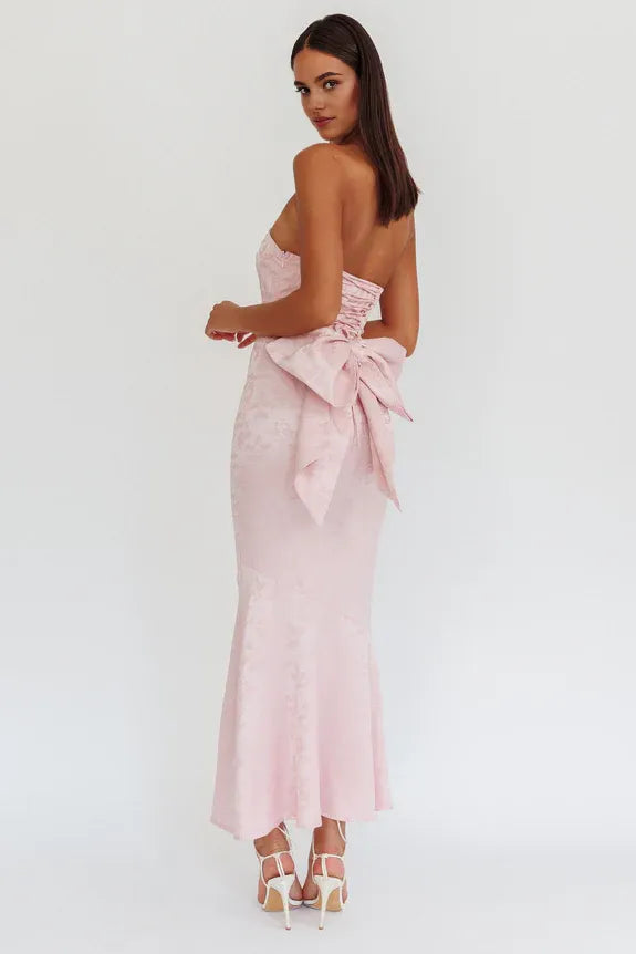 Elegant Strapless Bow Back Floral Prints Pink Maxi Prom Dress Evening Dress