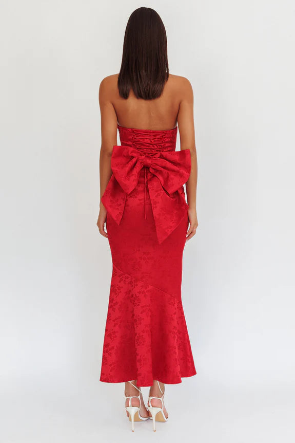 Elegant Strapless Bow Back Floral Prints Wine Maxi Homecoming Dress Prom Dress