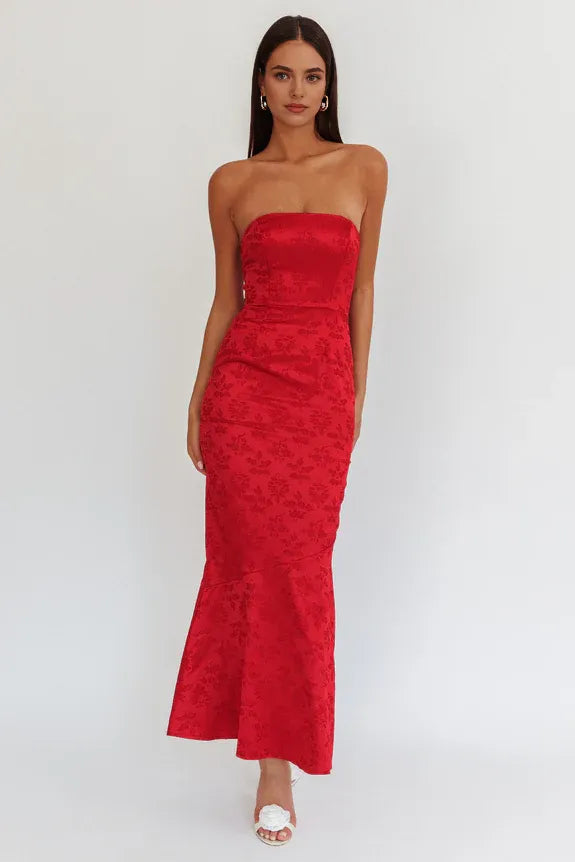 Elegant Strapless Bow Back Floral Prints Wine Maxi Homecoming Dress Prom Dress