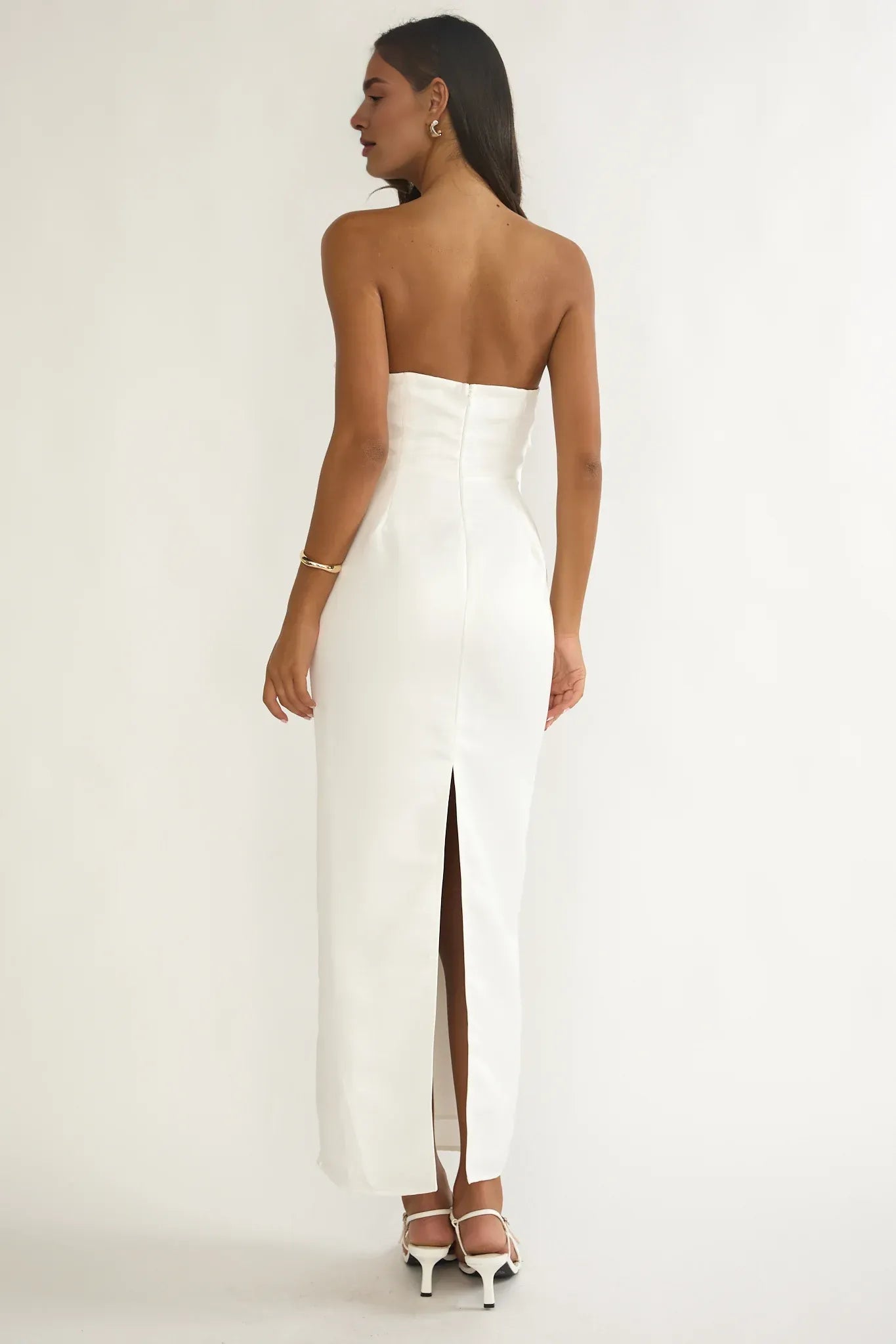 Elegant Strapless Pleated Bust Mint Maxi Evening Dress With Back Slit