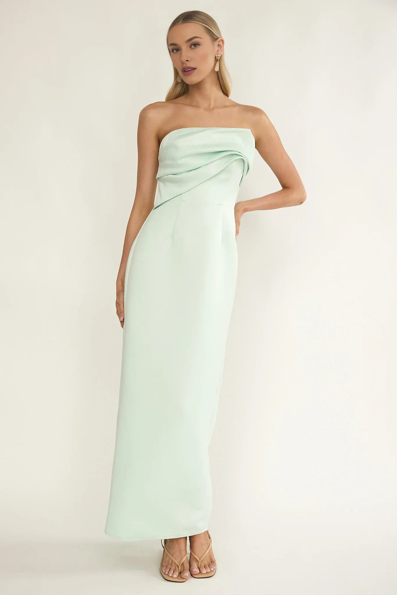 Elegant Strapless Pleated Bust Mint Maxi Evening Dress With Back Slit