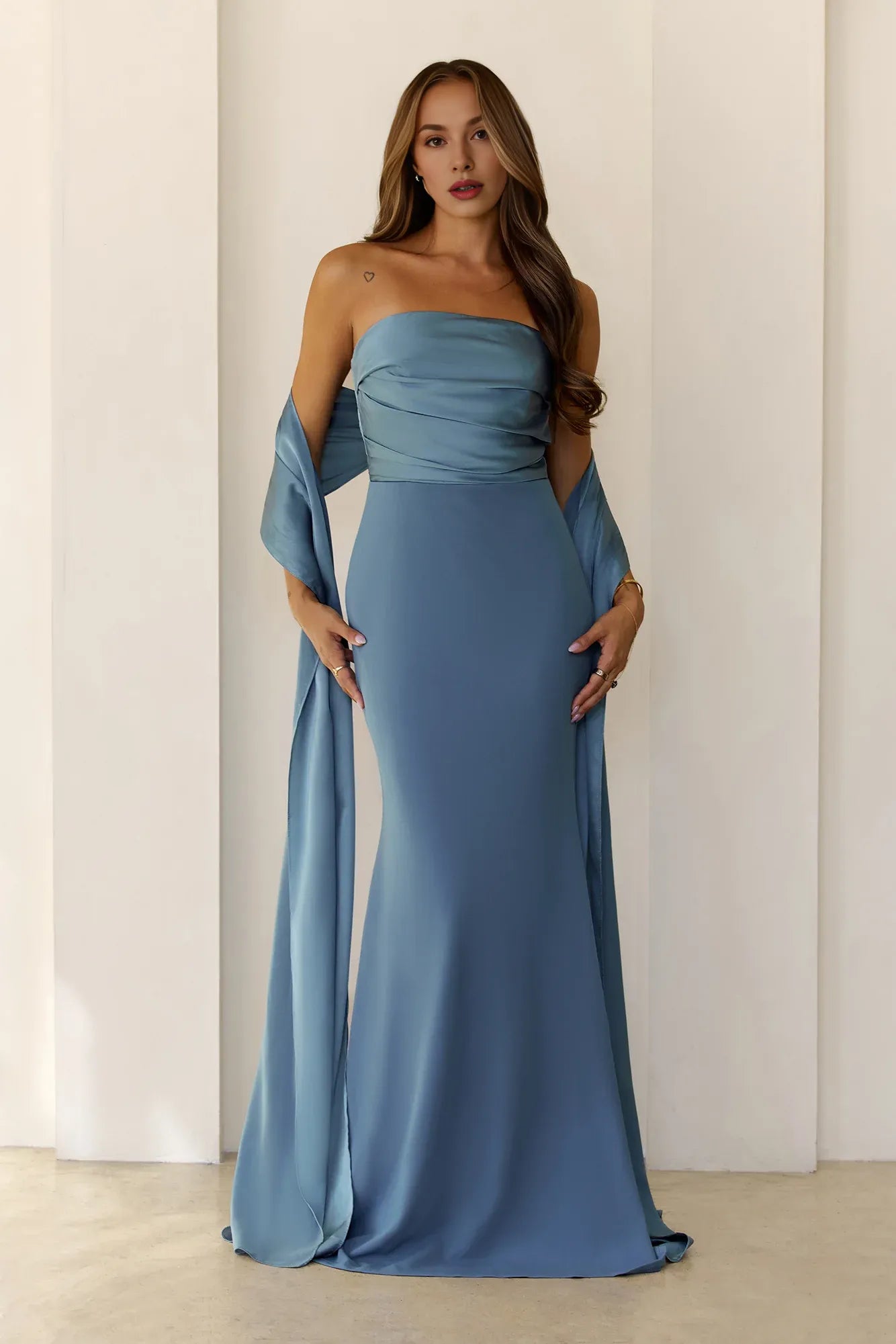 Elegant Strapless Pleated Satin Dusty Blue Floor Length Prom Dress With Streamer