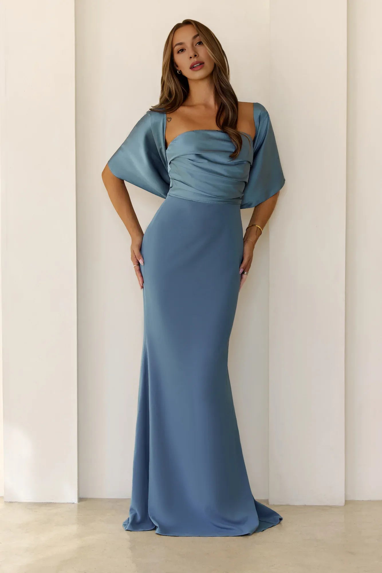 Elegant Strapless Pleated Satin Dusty Blue Floor Length Prom Dress With Streamer