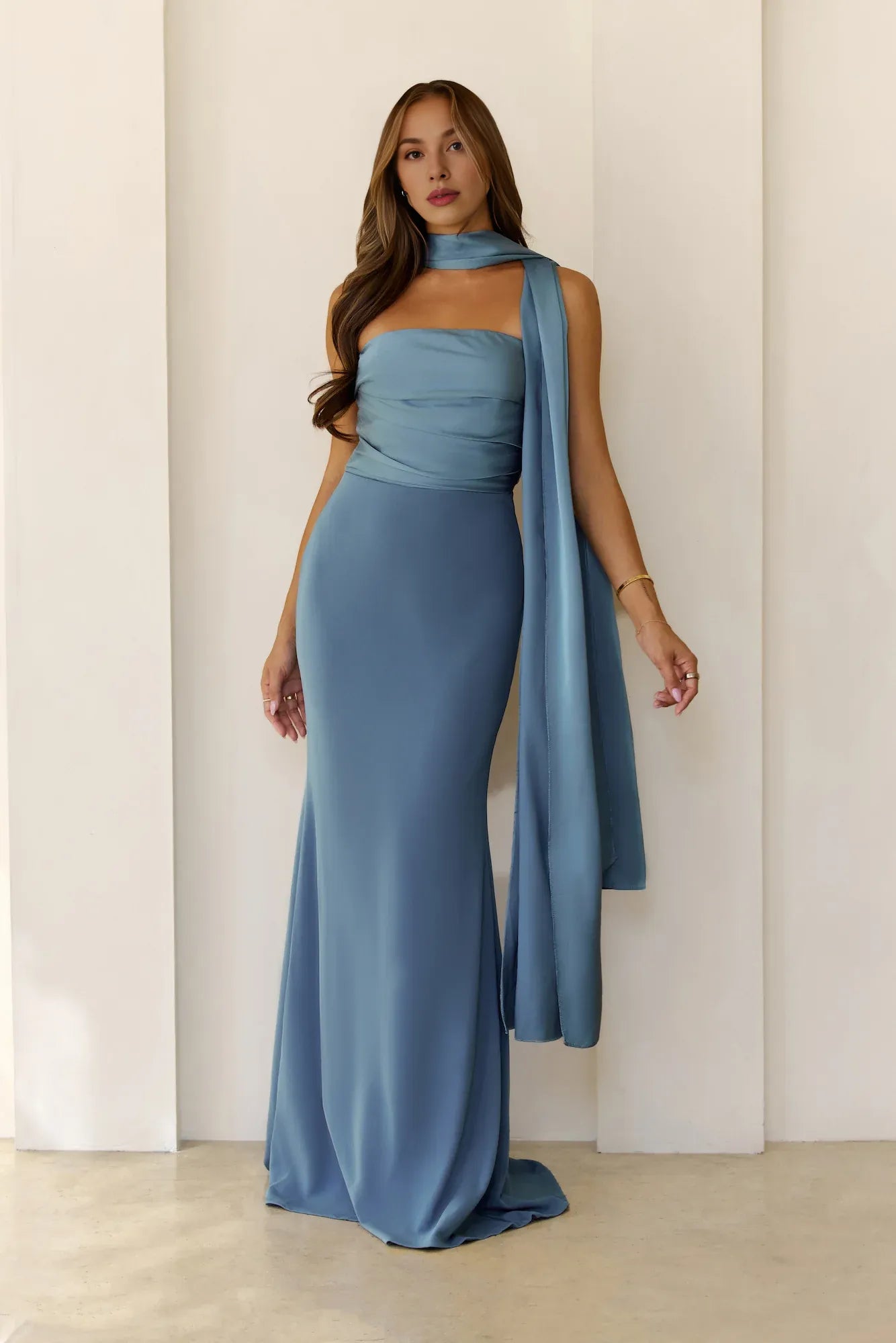 Elegant Strapless Pleated Satin Dusty Blue Floor Length Prom Dress With Streamer