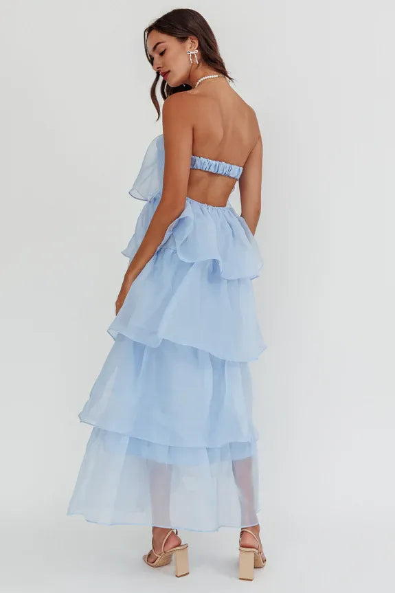 Elegant Strapless Tiered Layered Ruffle Open Back Blue Midi Evening Dress