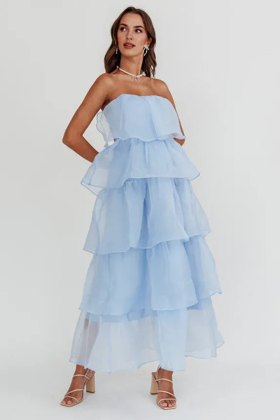 Elegant Strapless Tiered Layered Ruffle Open Back Blue Midi Evening Dress