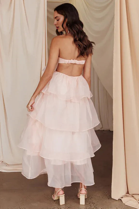 Elegant Strapless Tiered Layered Ruffle Open Back Pink Midi Evening Dress