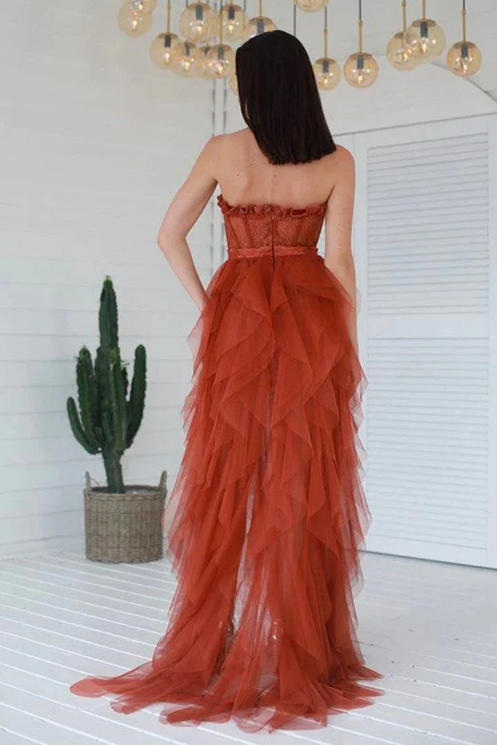 Elegant Sweetheart Layers Ruffles Tulle Rust High-Low Prom Dress