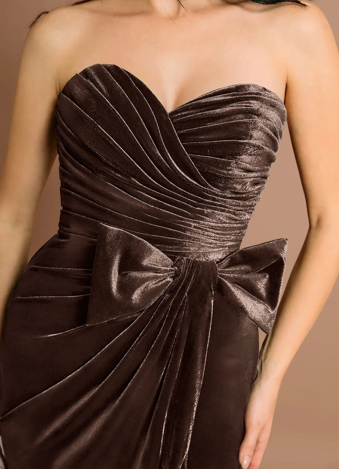 Elegant Sweetheart Pleated Velvet Mocha Coco Maxi Evening Dress With Bow