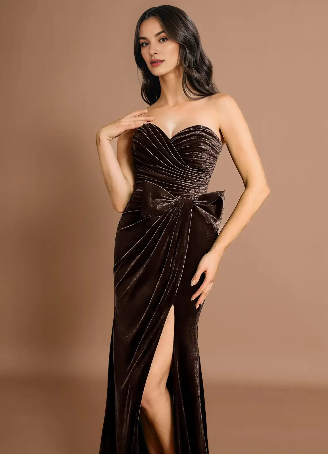 Elegant Sweetheart Pleated Velvet Mocha Coco Maxi Evening Dress With Bow