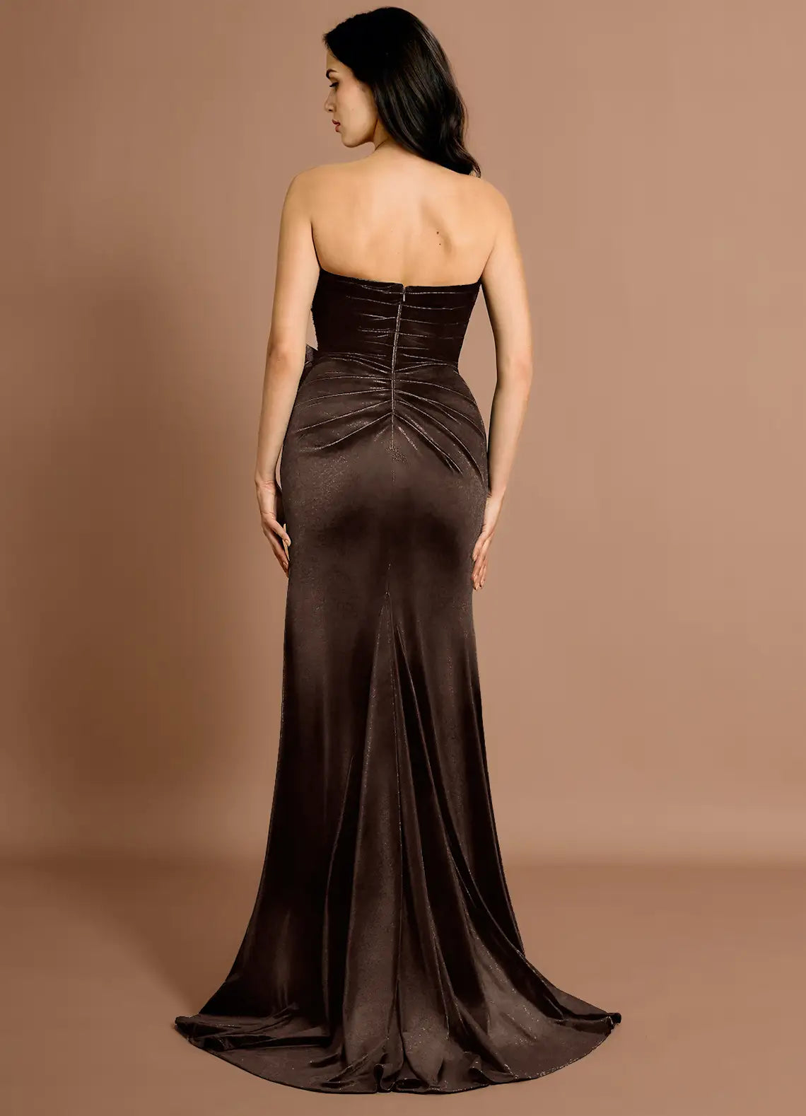 Elegant Sweetheart Pleated Velvet Mocha Coco Maxi Evening Dress With Bow
