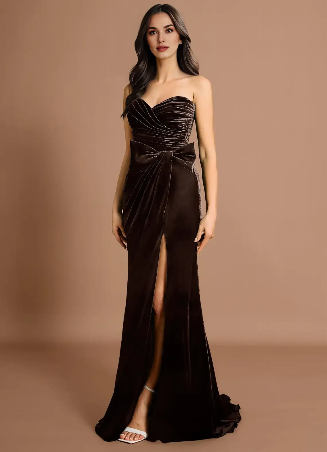 Elegant Sweetheart Pleated Velvet Mocha Coco Maxi Evening Dress With Bow