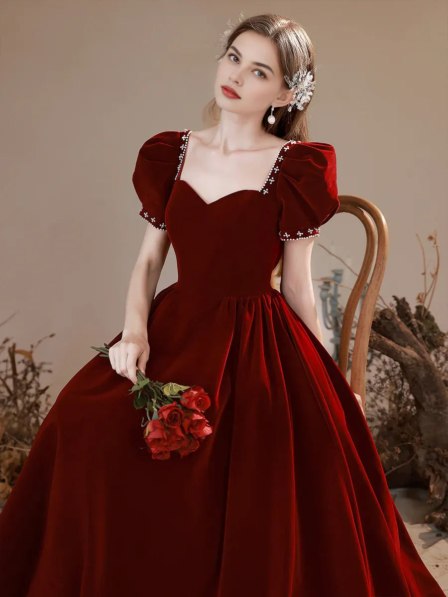 Elegant Sweetheart Short Sleeve Beaded Velvet Burgundy Floor Length Prom Dress