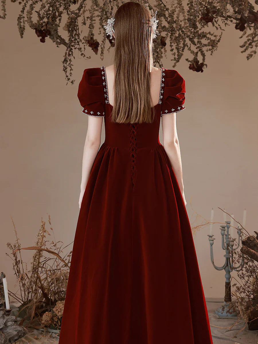 Elegant Sweetheart Short Sleeve Beaded Velvet Burgundy Floor Length Prom Dress