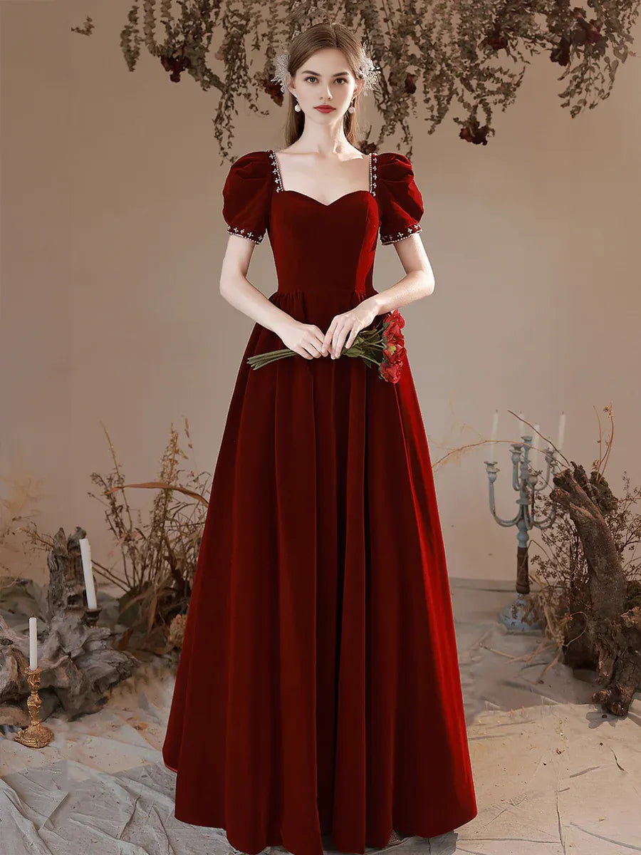 Elegant Sweetheart Short Sleeve Beaded Velvet Burgundy Floor Length Prom Dress