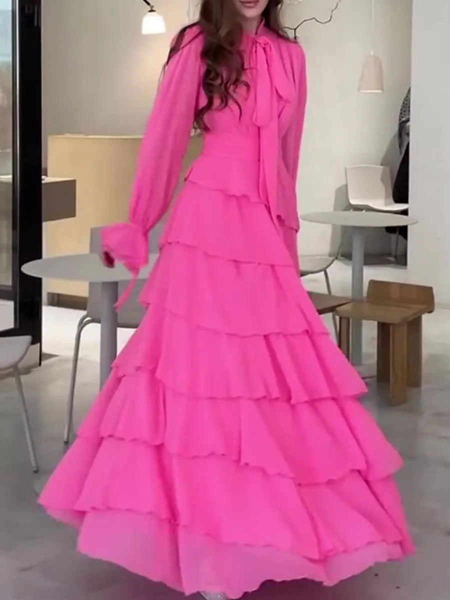 Elegant Tie-Neck Long-Sleeve Tiered Hot Pink Maxi Prom Dress for Women Ready to Ship