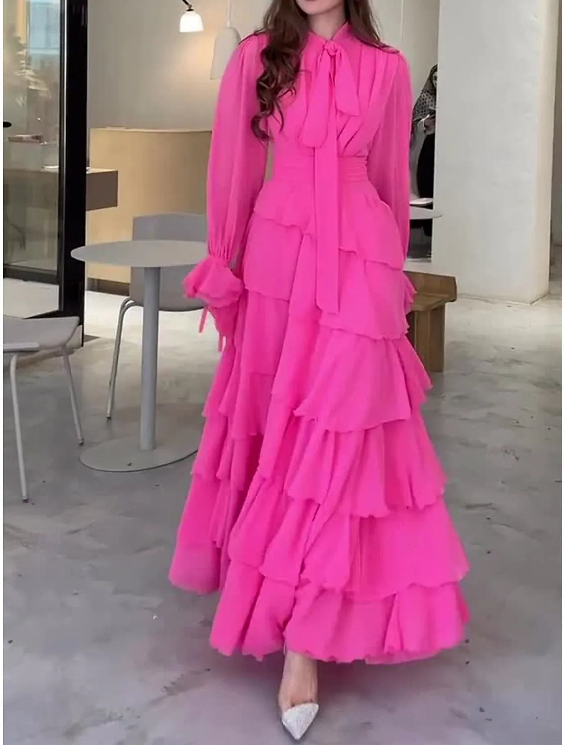 Elegant Tie-Neck Long-Sleeve Tiered Hot Pink Maxi Prom Dress for Women Ready to Ship