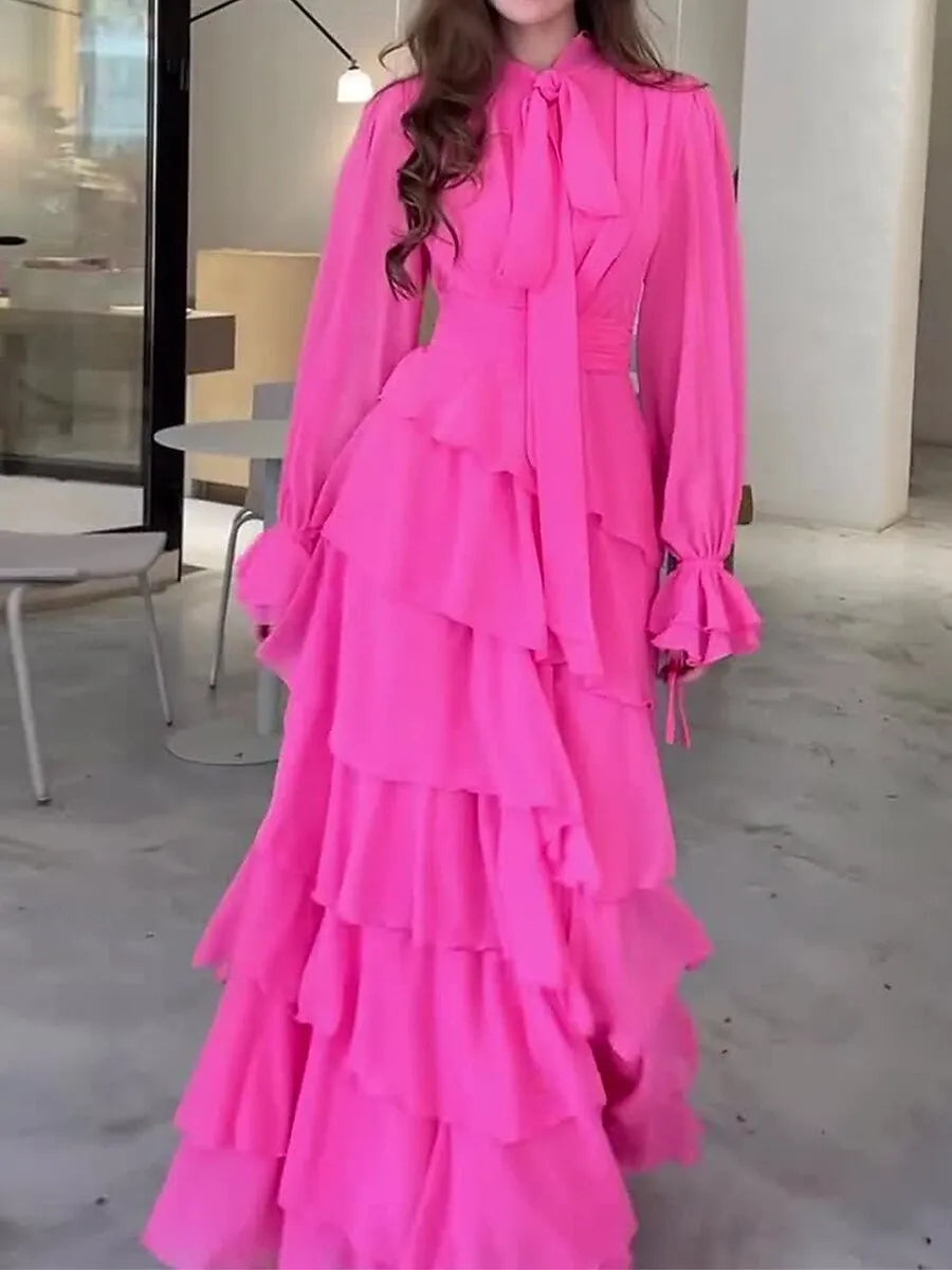 Elegant Tie-Neck Long-Sleeve Tiered Hot Pink Maxi Prom Dress for Women Ready to Ship