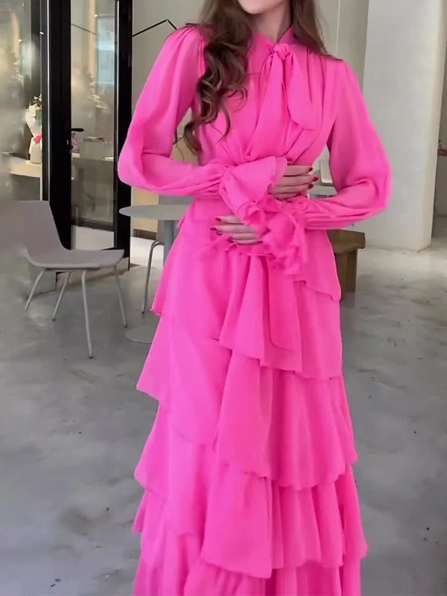 Elegant Tie-Neck Long-Sleeve Tiered Hot Pink Maxi Prom Dress for Women Ready to Ship