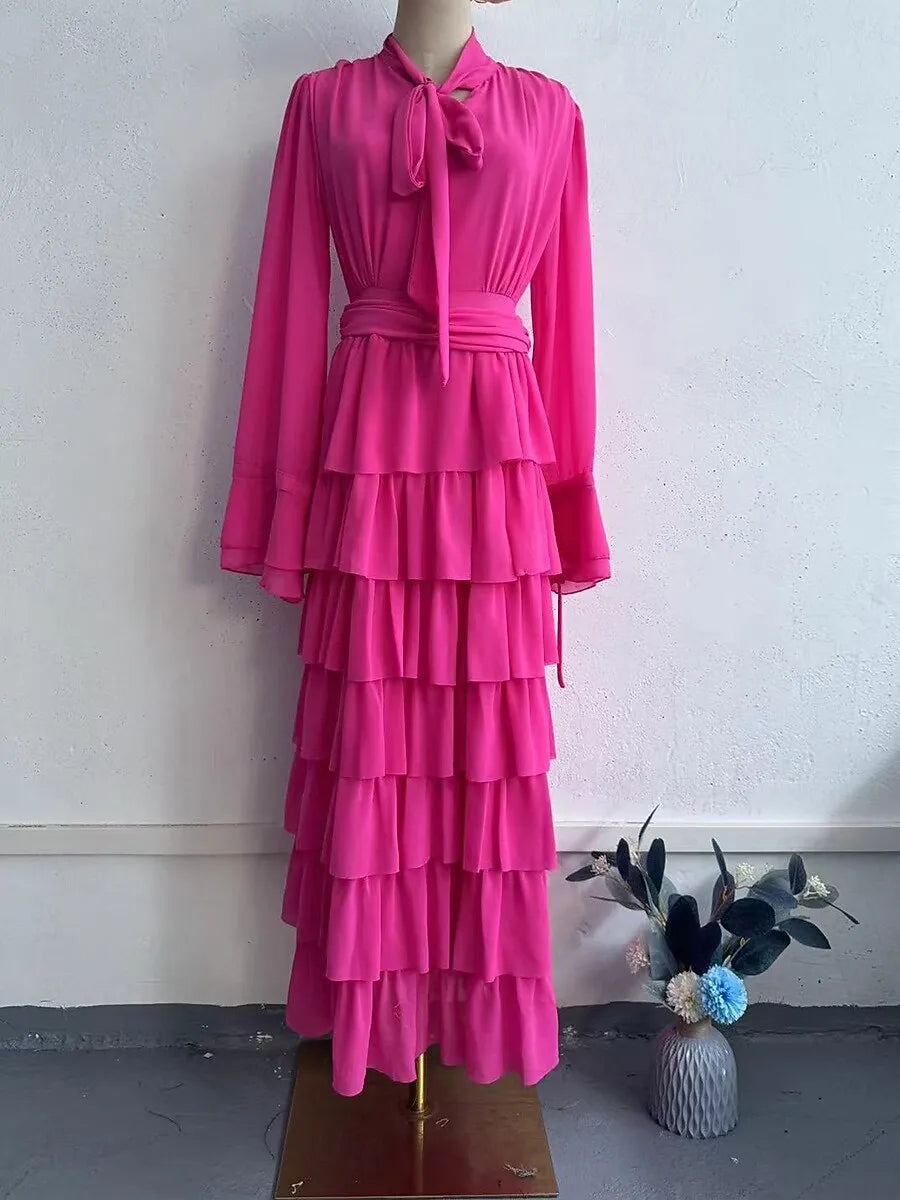 Elegant Tie-Neck Long-Sleeve Tiered Hot Pink Maxi Prom Dress for Women Ready to Ship