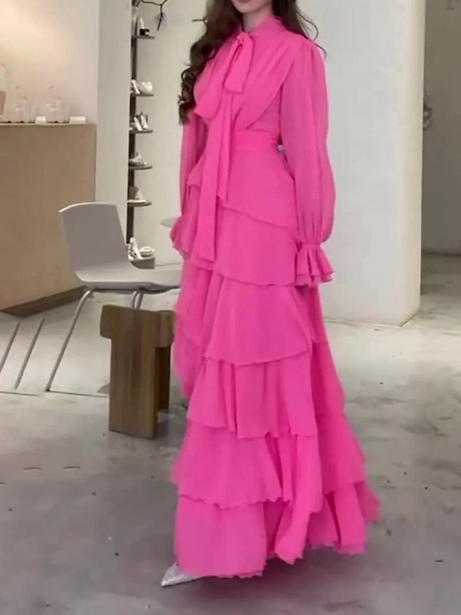 Elegant Tie-Neck Long-Sleeve Tiered Hot Pink Maxi Prom Dress for Women Ready to Ship