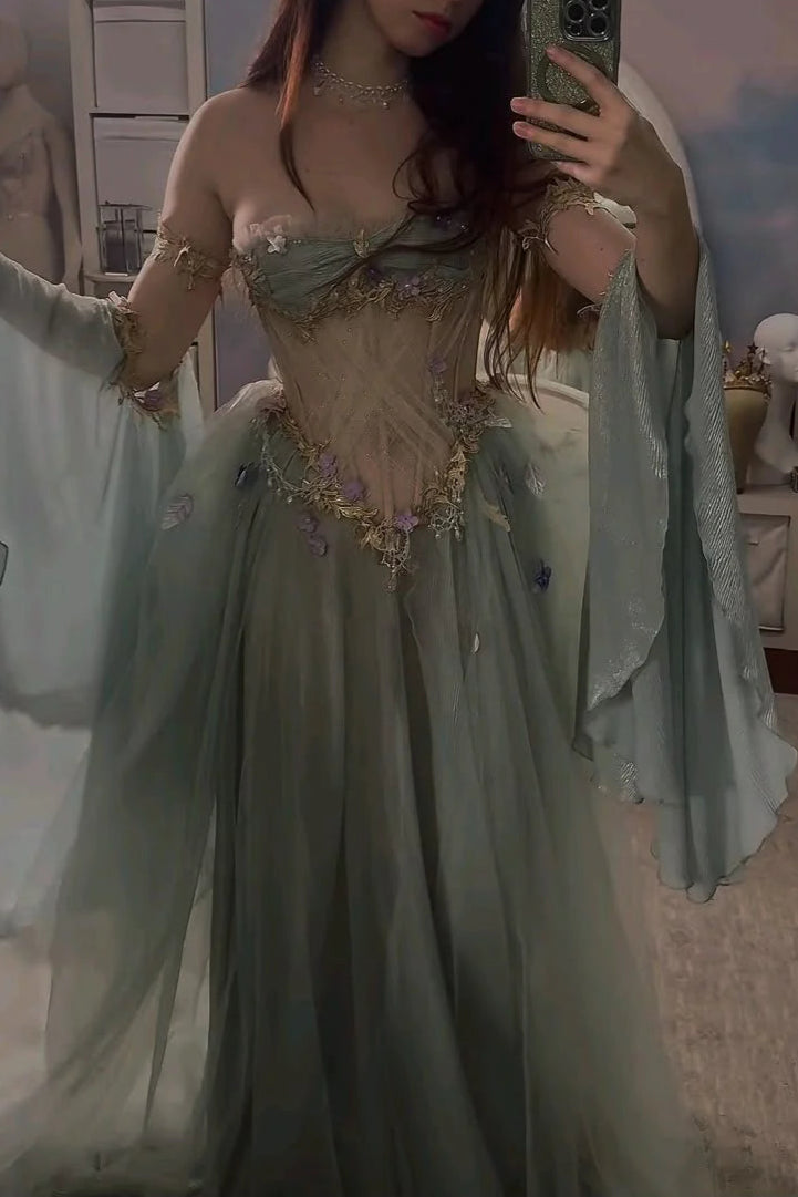 Elegant Tulle A Line Off The Shoulder Long Sleeves Floor-length Evening Dress Prom Dresses