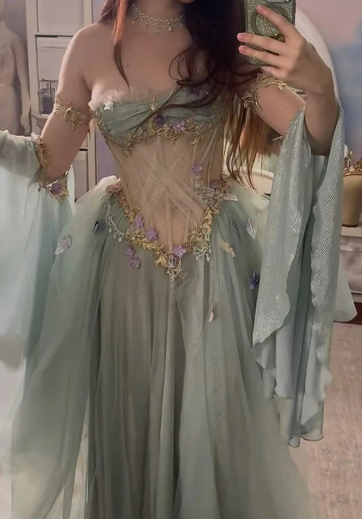 Elegant Tulle A Line Off The Shoulder Long Sleeves Floor-length Evening Dress Prom Dresses