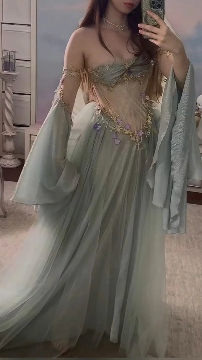 Elegant Tulle A Line Off The Shoulder Long Sleeves Floor-length Evening Dress Prom Dresses