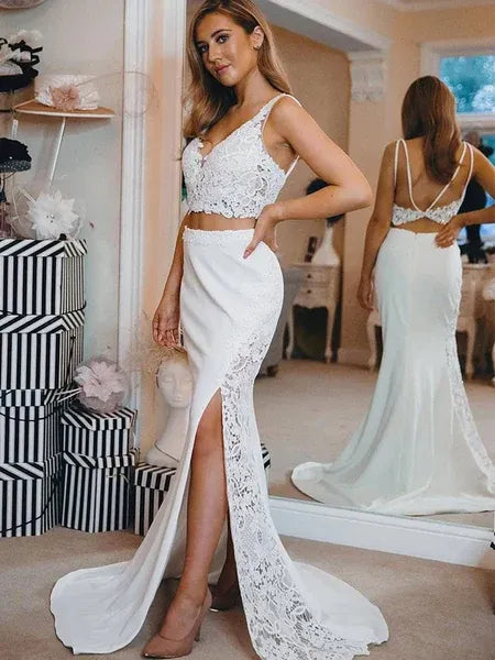 Elegant Two-Piece Mermaid V Neck Backless Lace White Maxi Evening Dress