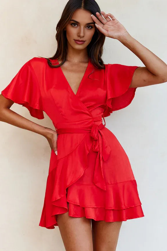 Elegant V Neck Angel Sleeve Tie Waist Faux Wrap Wine Homecoming Dress