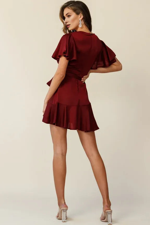 Elegant V Neck Angel Sleeve Tie Waist Faux Wrap Wine Homecoming Dress