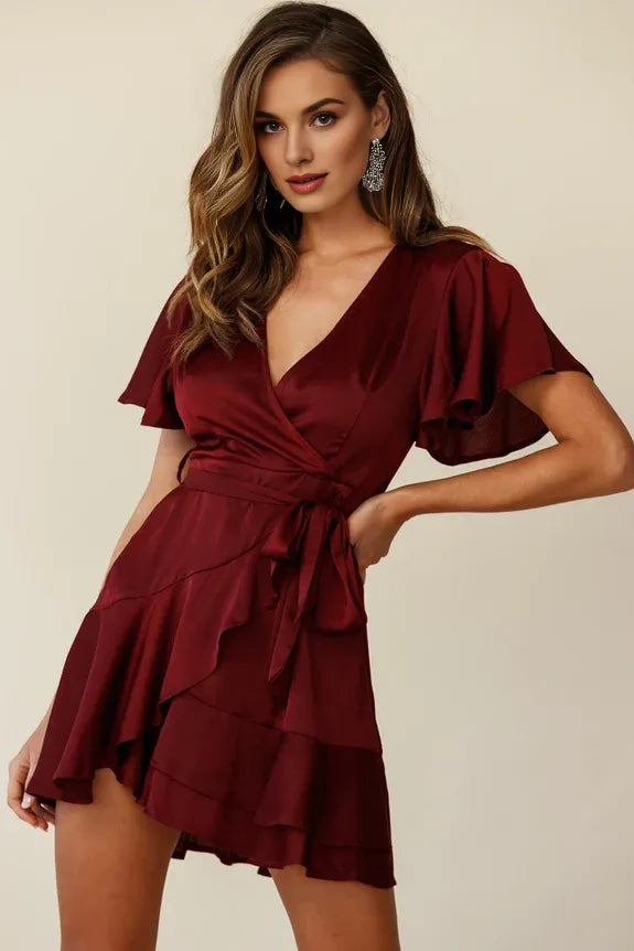 Elegant V Neck Angel Sleeve Tie Waist Faux Wrap Wine Homecoming Dress