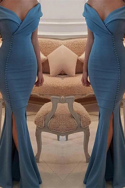 Elegant V Neck Off-the-Shoulder Slit Long Mermaid Buttons Evening Dress Prom Dress