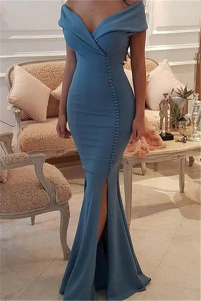 Elegant V Neck Off-the-Shoulder Slit Long Mermaid Buttons Evening Dress Prom Dress