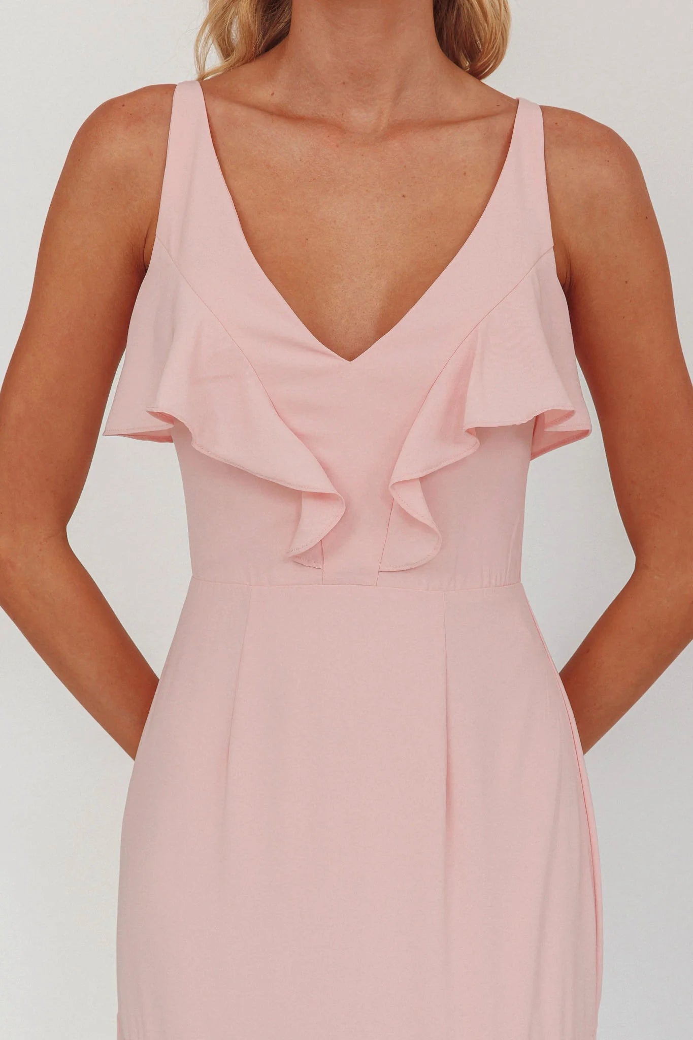 Elegant V Neck Ruffle Trim Pink Maxi Evening Dress Ready To Ship