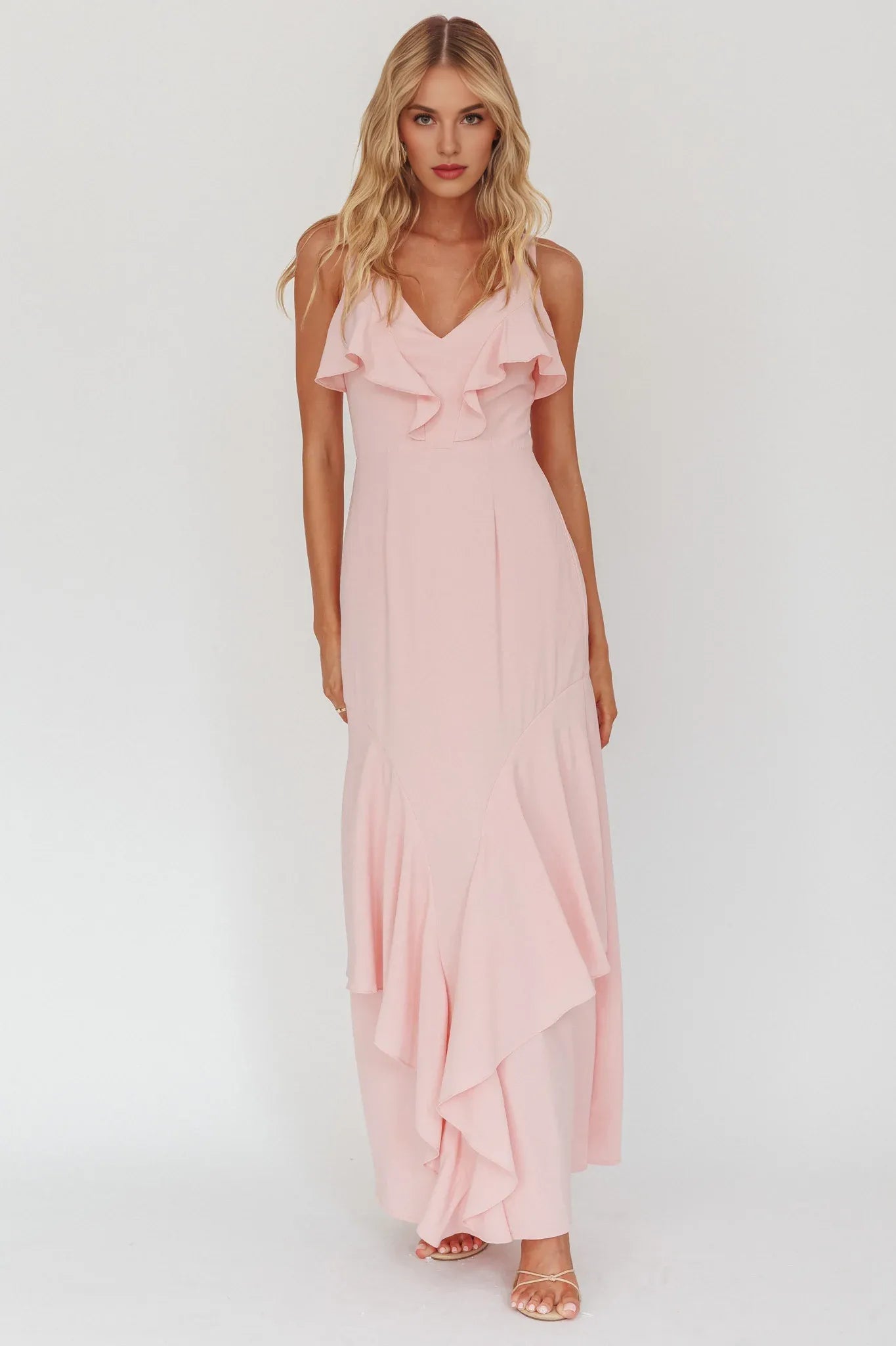 Elegant V Neck Ruffle Trim Pink Maxi Evening Dress Ready To Ship