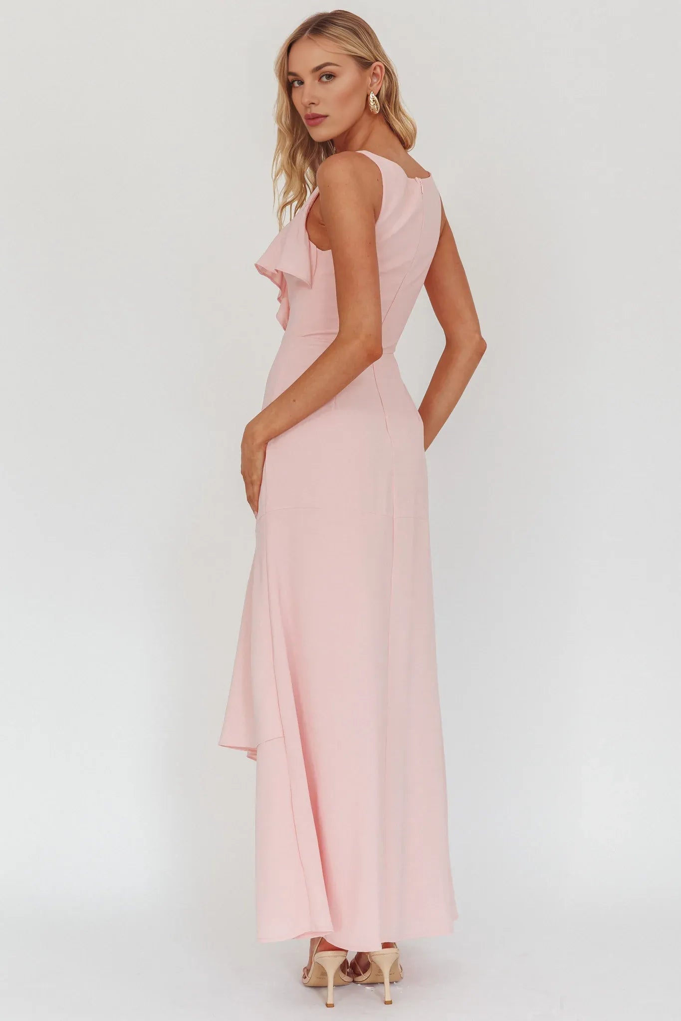 Elegant V Neck Ruffle Trim Pink Maxi Evening Dress Ready To Ship