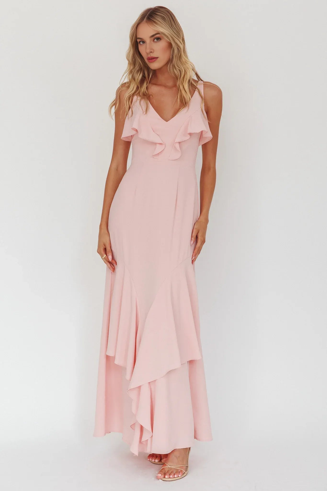 Elegant V Neck Ruffle Trim Pink Maxi Evening Dress Ready To Ship