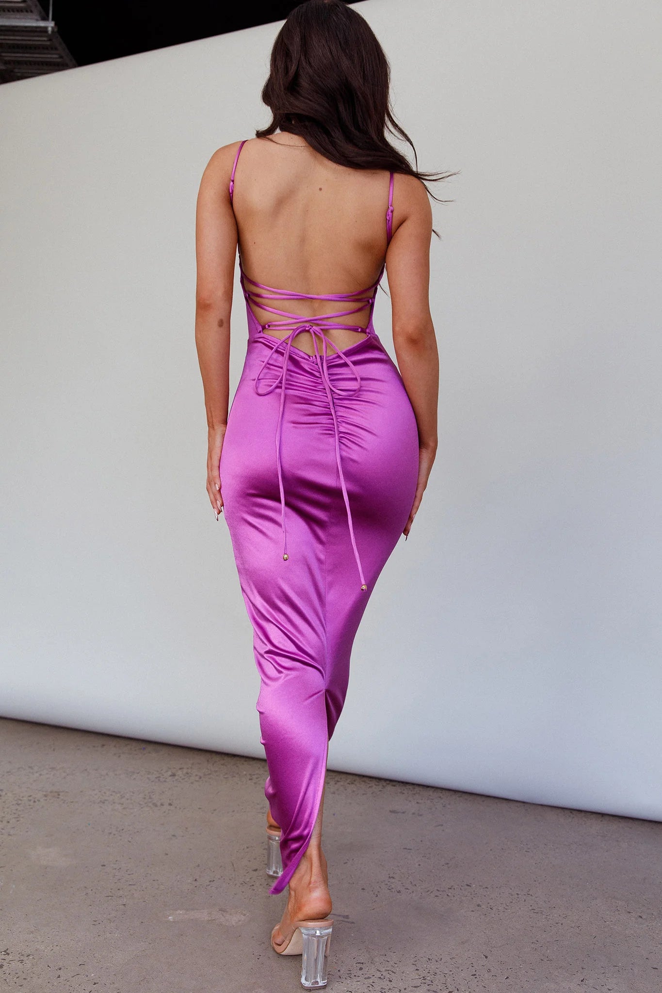 Elegant V Neck Spaghetti Straps Lace-Up Back Violet Evening Dress