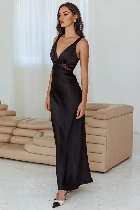 Elegant V Neck Thick Straps Lace Insert Satin Black Maxi Evening Dress