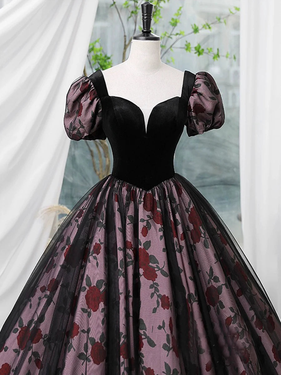 Elegant Velvet and Rose Print Short Sleeve A-Line Long Formal Dress Prom Party Dress