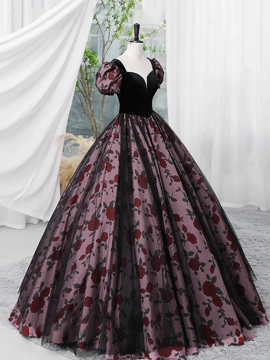 Elegant Velvet and Rose Print Short Sleeve A-Line Long Formal Dress Prom Party Dress