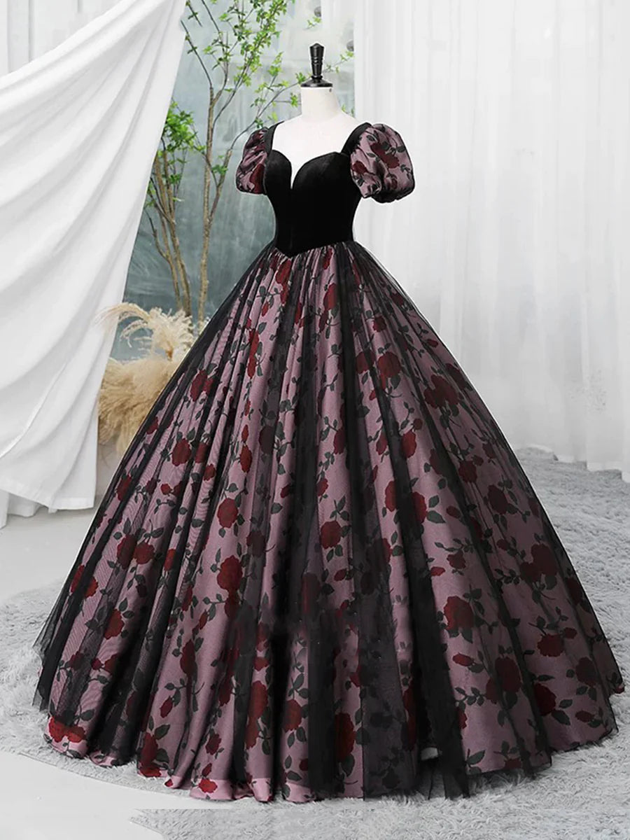 Elegant Velvet and Rose Print Short Sleeve A-Line Long Formal Dress Prom Party Dress