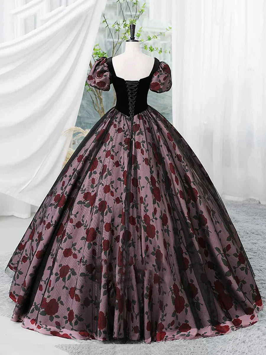 Elegant Velvet and Rose Print Short Sleeve A-Line Long Formal Dress Prom Party Dress