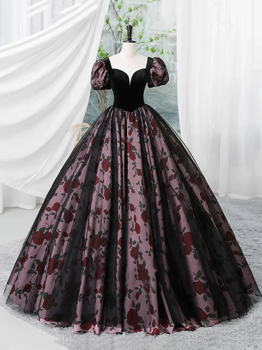 Elegant Velvet and Rose Print Short Sleeve A-Line Long Formal Dress Prom Party Dress