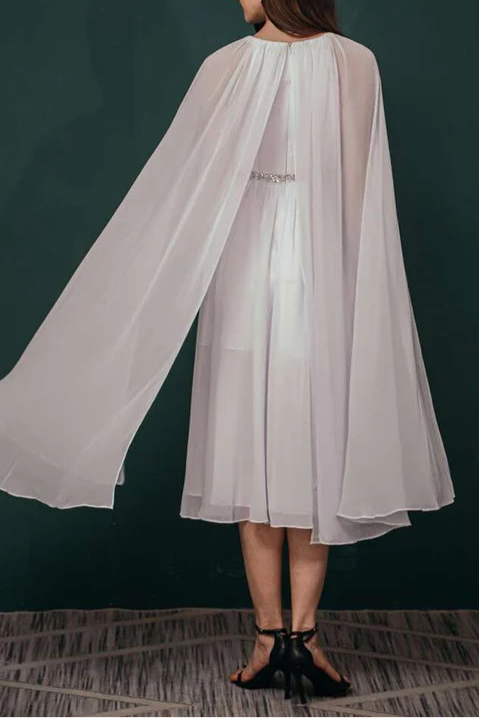 Elegant White Chiffon Rhinestone Half High Neck  A-Line Tea-Length Formal Dress With Cape