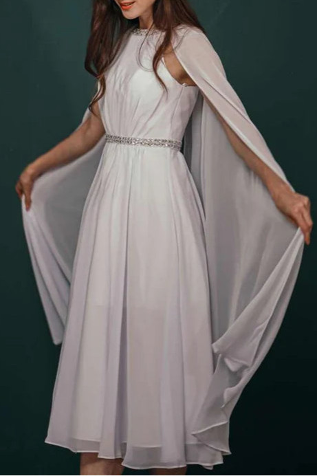 Elegant White Chiffon Rhinestone Half High Neck  A-Line Tea-Length Formal Dress With Cape
