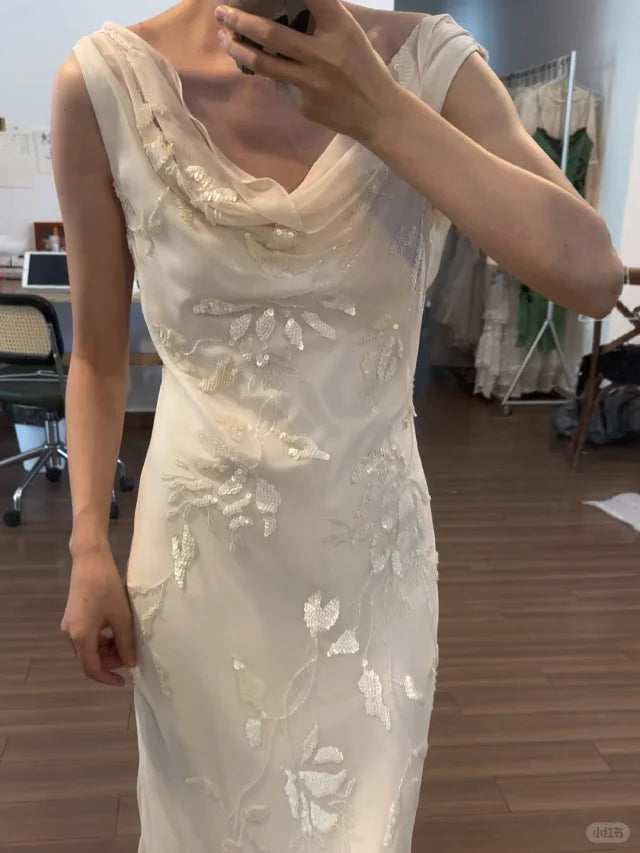 Elegant White Chiffon Sequins With Applique Swing Neck Long Prom Dress White Homecoming Dress